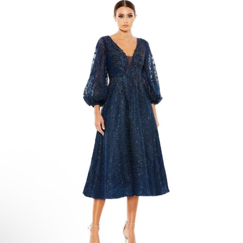 NEW Mac Duggal 20391 Embellished Plunge Neck Bishop Sleeve Dress Blue Size 10
